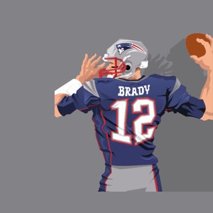 May include: A blue and white football jersey with the name "BRADY" and the number "12" on the back. The jersey is worn by a player wearing a helmet and throwing a football.