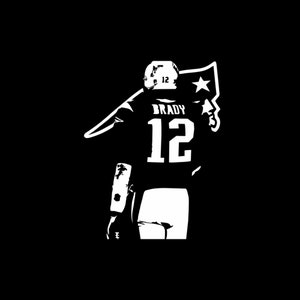 May include: A black and white graphic of a football player in a jersey with the name "BRADY" and the number "12". The player is holding a flag with a star on it. The background is solid black.