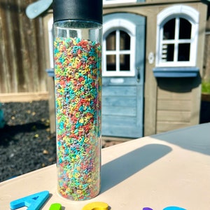 Sensory Bottle Shaker Colorful Alphabet Letter I Spy Jumbo Jar 18oz Seek and Find Sensory Bottle Calm Down Busy Jar
