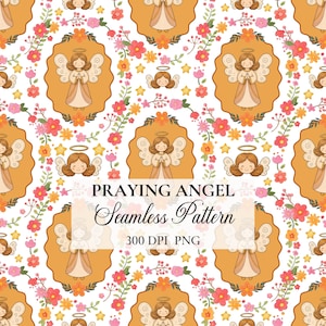 Op de afbeelding: Een naadloos patroon met biddende engelen, omringd door bloemen en sterren in roze, oranje en gele tinten. De tekst "PRAYING ANGEL Seamless Pattern" is zichtbaar.