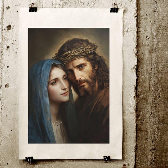 聖母マリアとイエス・キリストのヴィンテージ宗教画：カトリック