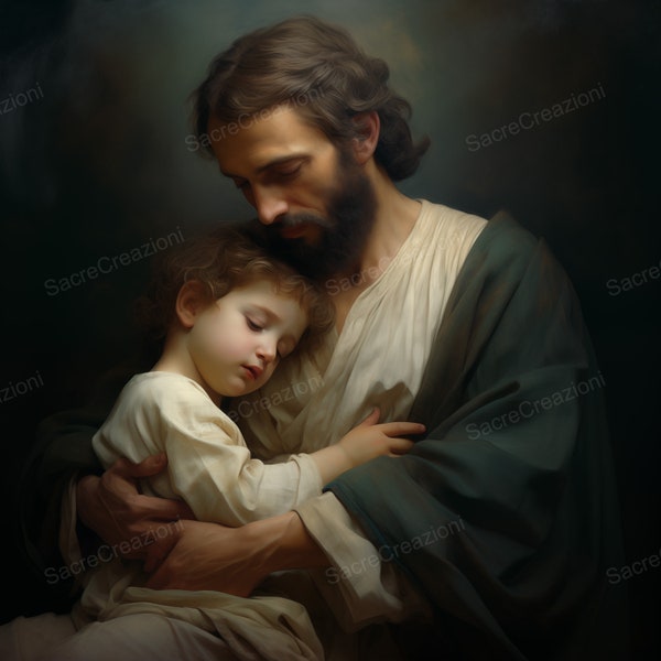 St Joseph with baby Jesus ordination gifts  wall art catholic faith inspirational devotional artwork religious Catholic poster illustration