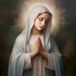 Virgin Mary with praying hands Madonna Mother of God Catholic Art Religious Painting Digital Illustration Spirituall Home decor Sacred Image