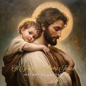 San Giuseppe con Gesù Bambino Cristiano Cattolico Belle Arti devozionale opera d'arte religiosa arte murale download immediato chiesa ispirata pittura biblica