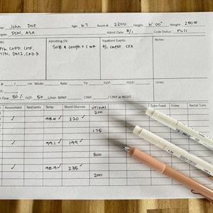 May include: A white medical chart with handwritten notes and checkmarks. The chart includes sections for vital signs, blood glucose, urinalysis, and assessments. The chart also includes the patient's name, age, room number, and other medical information.
