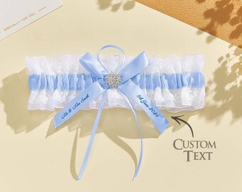 Personalisiertes Brauthochzeits-Strumpfband - Blaue Spitze-Brautandenken, kundenspezifisches Datum