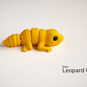 Peut inclure: Figurine de bébé gecko léopard jaune segmenté, avec des yeux noirs et une queue texturée, posée sur une surface blanche. Le texte "Baby Leopard Gecko" est en dessous.