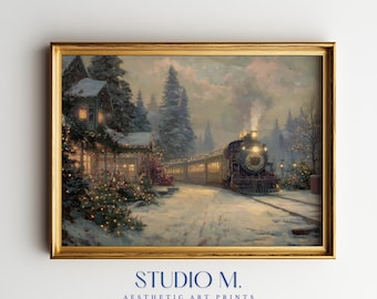 Vintage Christmas Oil Painting, Christmas Train Art Print, Digital Download
