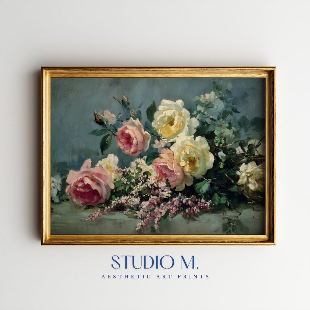 Vintage Rose Bouquet Painting | Soft Blue Green Botanical Art (digital ...