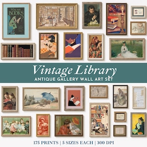 May include: A collection of framed art prints featuring various vintage library and reading scenes. The display includes diverse illustrations of people reading books, bookshelves, and literary themes. Text on the image reads: Vintage Library ANTIQUE GALLERY WALL ART SET, 175 PRINTS | 5 SIZES EACH | 300 DPI.
