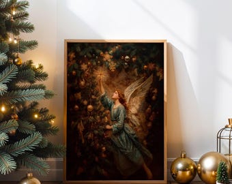 May include: A framed print depicts an angel reaching for a star atop a Christmas tree. The angel wears a teal gown and has large white wings. The artwork is set against a backdrop of festive ornaments and greenery, with a wooden frame.