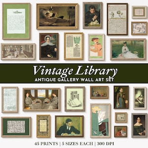 May include: A collection of framed wall art prints featuring various historical paintings, botanical illustrations, and text-based documents. The set includes diverse portraits, interior scenes, and alphabet charts in assorted rectangular frames.