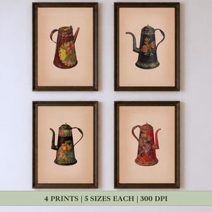 May include: Four framed wall art prints featuring vintage-style teapots. Each print displays a unique teapot with floral patterns in red, black, and gold tones against a light beige background. The text at the bottom reads 4 PRINTS | 5 SIZES EACH | 300 DPI.