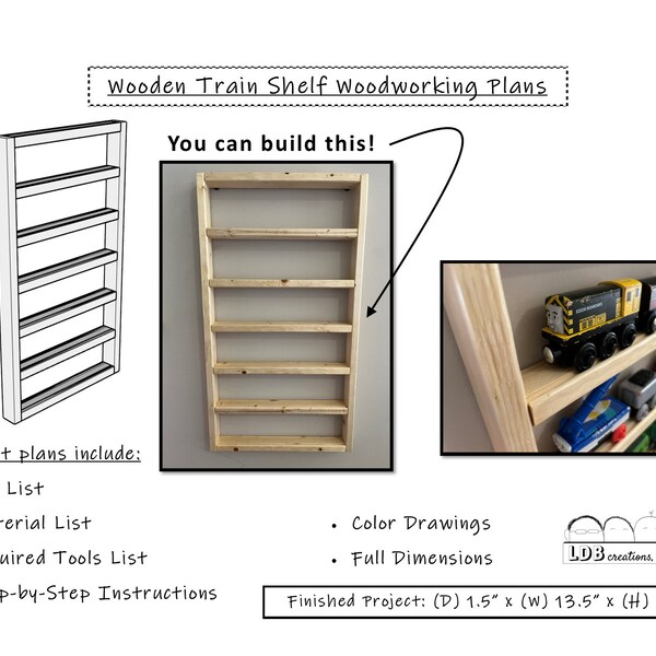 Wooden Train Shelf Woodworking Plans.  Plans include materials, tools, color pictures, and step-by-step instructions.