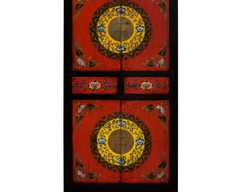 Vintage Red and Black Elmwood Flower Motif Tibetan Tall Cabinet