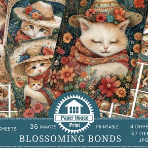 Blühende Bindungen: Blumenkatzenbilder, Katzen Junk Journal Druckbare JPEG-Dateien, Katzendruck, Sammelalbenseiten, Blumenkatzen Junk Journal Seiten