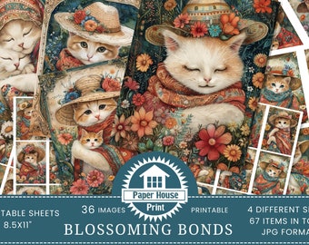 Blossoming Bonds: Floral Cats Images, Cats Junk Journal Printable JPEG files, cat print, Scrapbook pages, Floral Cat Junk Journal pages