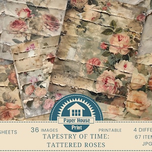 Tapestery of Time Tattered Floral Paper Print, carta per scrapbooking, confezione di carta digitale, kit diario spazzatura Roses, carta digitale blu, fogli invecchiati