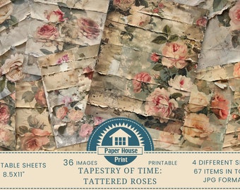 Tapestry of Time Tattered Floral Paper Print, carta per album, pacchetto di carta digitale, kit diario spazzatura Roses, carta digitale blu, fogli invecchiati