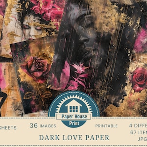 Dark Love digital paper, Whimsical Gothic background paper, 36 Digital Arts, 67 Printable Sheets, Floral Romantic Background, Commercial Use image 1