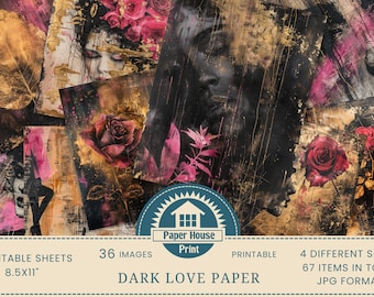 Papier numérique Dark Love, papier de fond gothique fantaisiste, 36 arts numériques, 67 feuilles imprimables, fond floral romantique, usage commercial