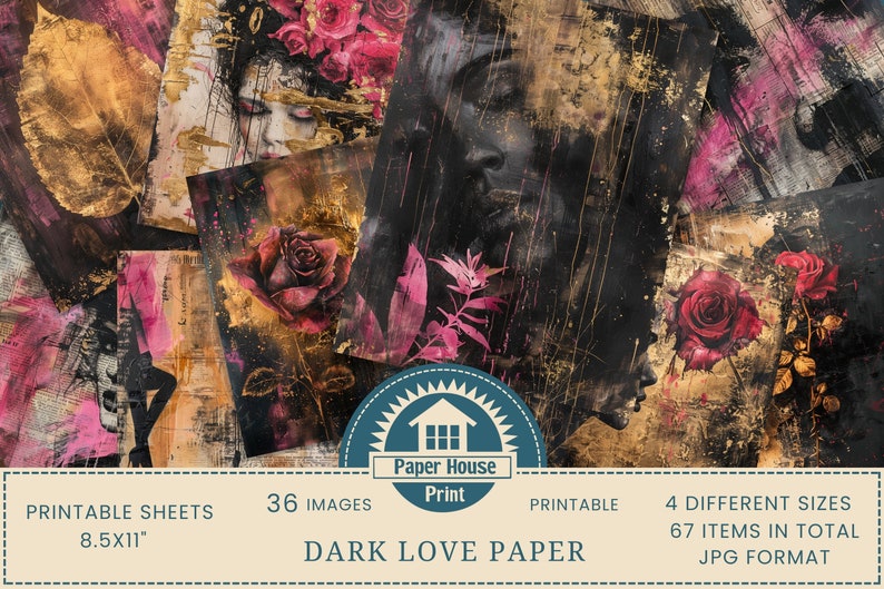 Carta digitale Dark Love, carta di sfondo gotico stravagante, 36 arti digitali, 67 fogli stampabili, sfondo romantico floreale, uso commerciale immagine 1