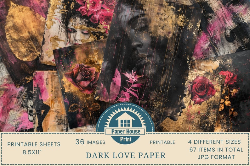 Dark Love digital paper, Whimsical Gothic background paper, 36 Digital Arts, 67 Printable Sheets, Floral Romantic Background, Commercial Use image 1