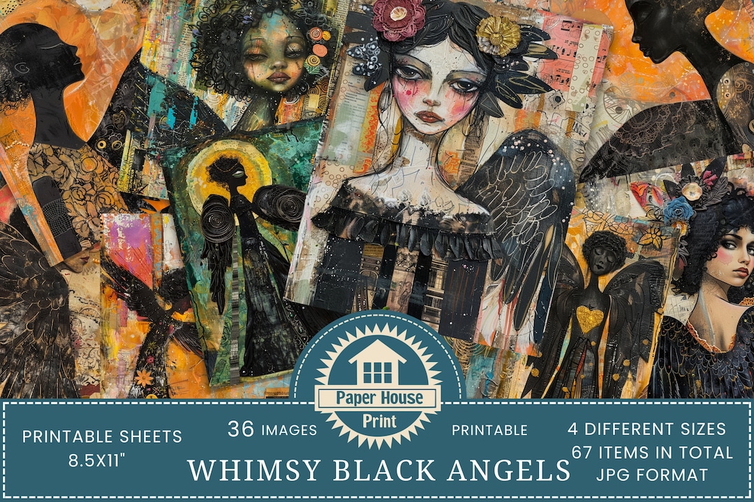 Whimsical Black Angel Collage Paper, Whimsical Gothic Angels, Abstract ...