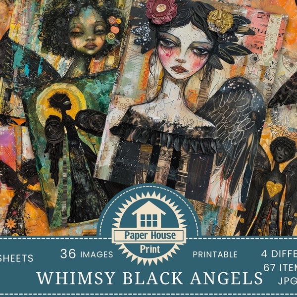 Papier collage Black Angel fantaisiste, anges gothiques fantaisistes, ange abstrait à imprimer, journal indésirable, collage, scrapbooking, fournitures, éphémères