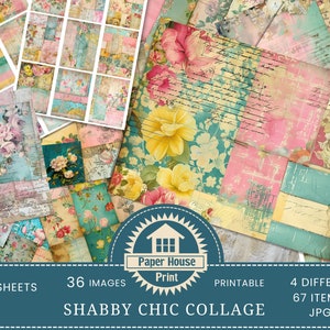 Carta da collage shabby chic vintage, fogli di diario spazzatura stampabili, carta ATC, formati cartolina, kit di diario spazzatura floreale, effimeri pastelli digitali