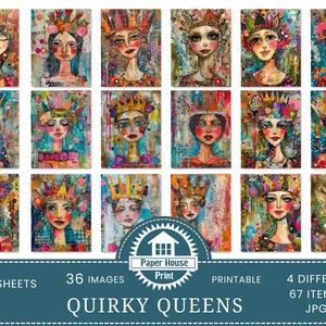 Immagini di sfondo colorato di Whimsical Queens, Quirky Queens Junk Journal, Whimsical Girls with Crown, file JPEG stampabili, pagina Junk Journal immagine 3