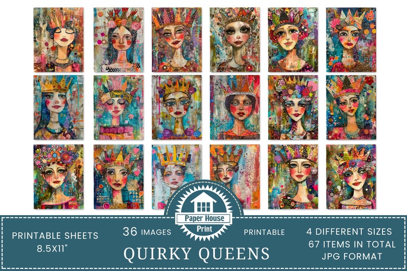 Immagini di sfondo colorato di Whimsical Queens, Quirky Queens Junk Journal, Whimsical Girls with Crown, file JPEG stampabili, pagina Junk Journal immagine 3