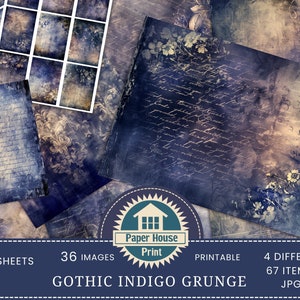 Indigo Scripts & Gothic Junk Journal Papers, carta digitale, scrapbooking digitale, effimeri vintage, carta digitale rustica, carta collage