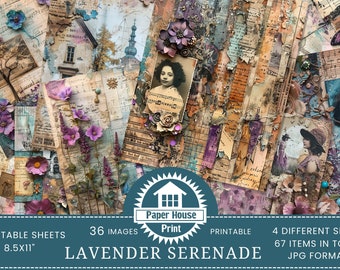 Mixed Media Lavender Serenade junk journal kit, Digital Papers, Purple printable journal pages, Journaling papers, Card making, Musical Note