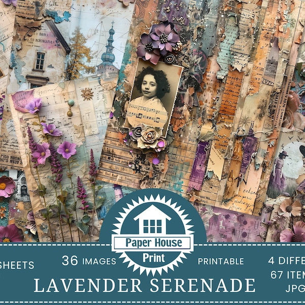 Mixed Media Lavender Serenade junk journal kit, Digital Papers, Purple printable journal pages, Journaling papers, Card making, Musical Note