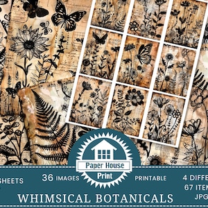 Whimsical Botanical Junk Journal Pages, Vintage Botanical Junk journal Kit Gothic Whimsy Digital Paper Collage Sheet Printable ATC Cards