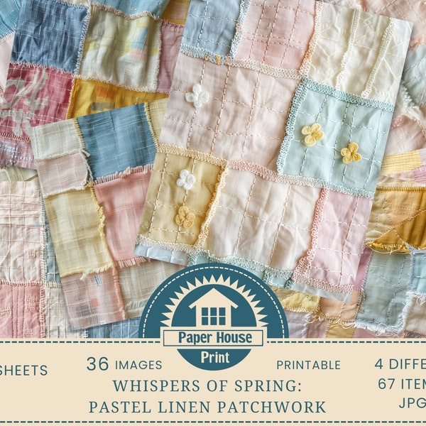 Whispers of Spring: Pastel Linen Patchwork Background Images, Scrapbook images, Linen Fabric texture, Linen Digital Papers, Fabric Print