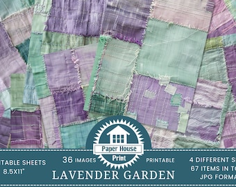 Giardino di lavanda: Immagini di sfondo patchwork di lino verde e lavanda, immagini di album, texture tessuto di lino, carte di lino, stampa su tessuto