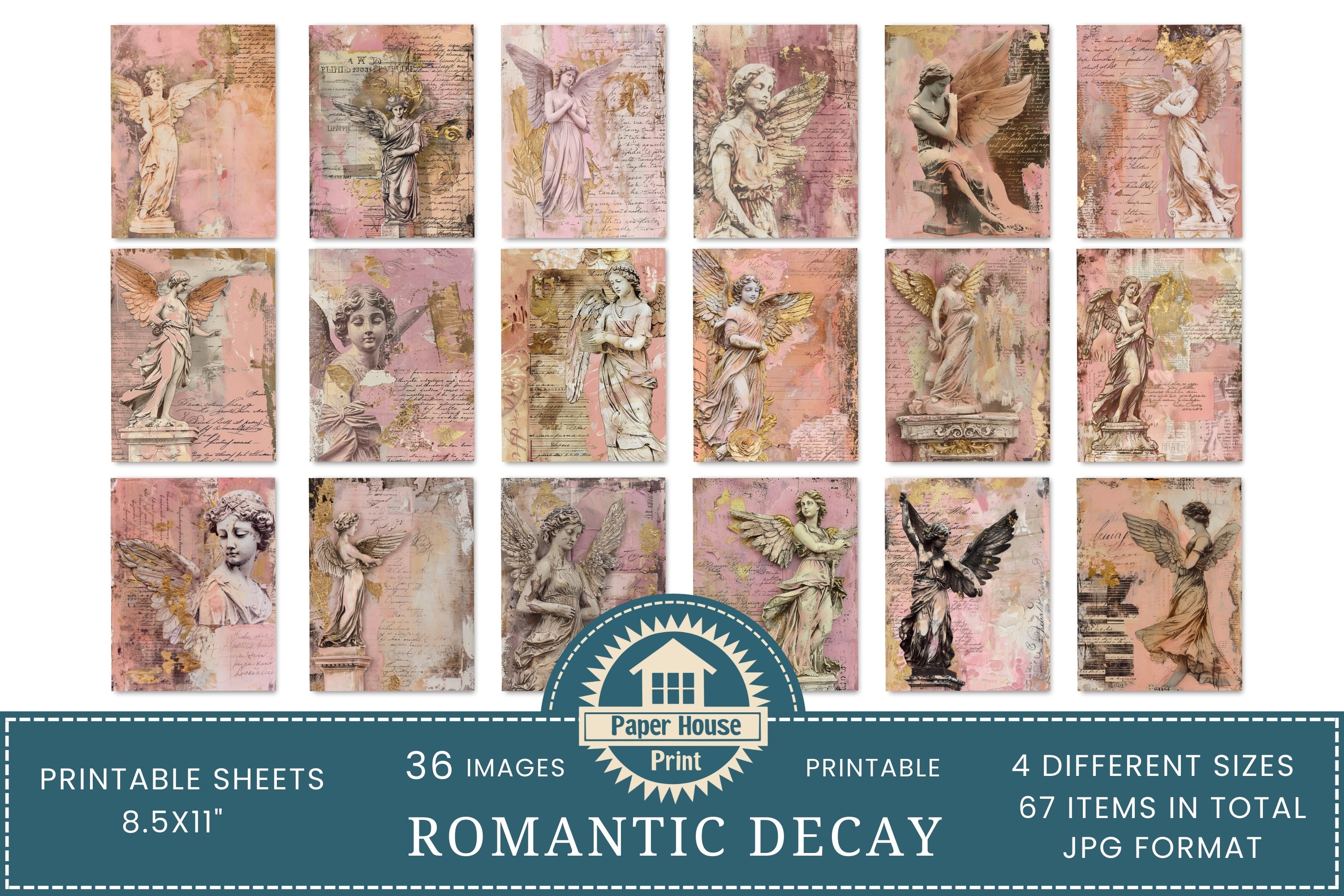 Angel Collection Sheets Romantic Decay Angel Statue Junk Journal, Angels ATC Cards, Printable ...