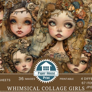 Pagine di diario spazzatura di Whimsical Collage Girls, Ephemera stravagante, Carte di diario spazzatura stravaganti, Carte digitali stravaganti Ragazze con lentiggini