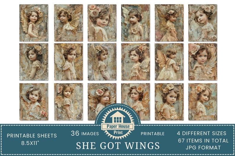 She Got Wings Diario spazzatura, Carta angeli, Bambine multimediali miste, Angeli floreali con ali, Carta stampabile, Carta di sfondo vintage, ATC immagine 4