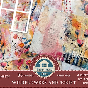 Wildblumen und Schriften: Wildblumen Junk Journal druckbare Seite, Blumen Junk Journal Kit, Junk Journal Papier Digitale Collage Sheet