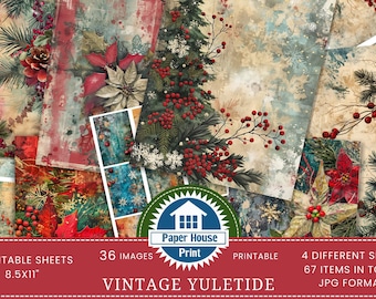 Puede incluir: Un paquete de papel digital con 36 imágenes de diseños navideños vintage. Las imágenes presentan bayas rojas, poinsettias, ramas de pino y copos de nieve sobre un fondo texturizado. El paquete de papel es imprimible en hojas de 8,5x11 pulgadas e incluye 4 tamaños diferentes para un total de 67 artículos. Las imágenes están en formato JPG.