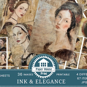 Encre et élégance : femmes de la Renaissance, papier pour journaux indésirable, fournitures pour journaux, cartes ATC, cartes de journalisation imprimables, fabrication de cartes, éphémères