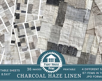 Charcoal Haze Linen Patchwork Neutral linen texture digital scrapbook paper pack background fabric texture stitched cloth Gray White Linen
