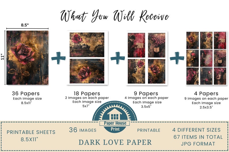 Dark Love digital paper, Whimsical Gothic background paper, 36 Digital Arts, 67 Printable Sheets, Floral Romantic Background, Commercial Use image 2