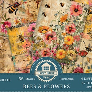 Kit diario rustico Bees & Flowers Junk Journal, diario Vintage Ephemera, carta digitale per scrapbooking, fogli di collage, tecniche miste floreali