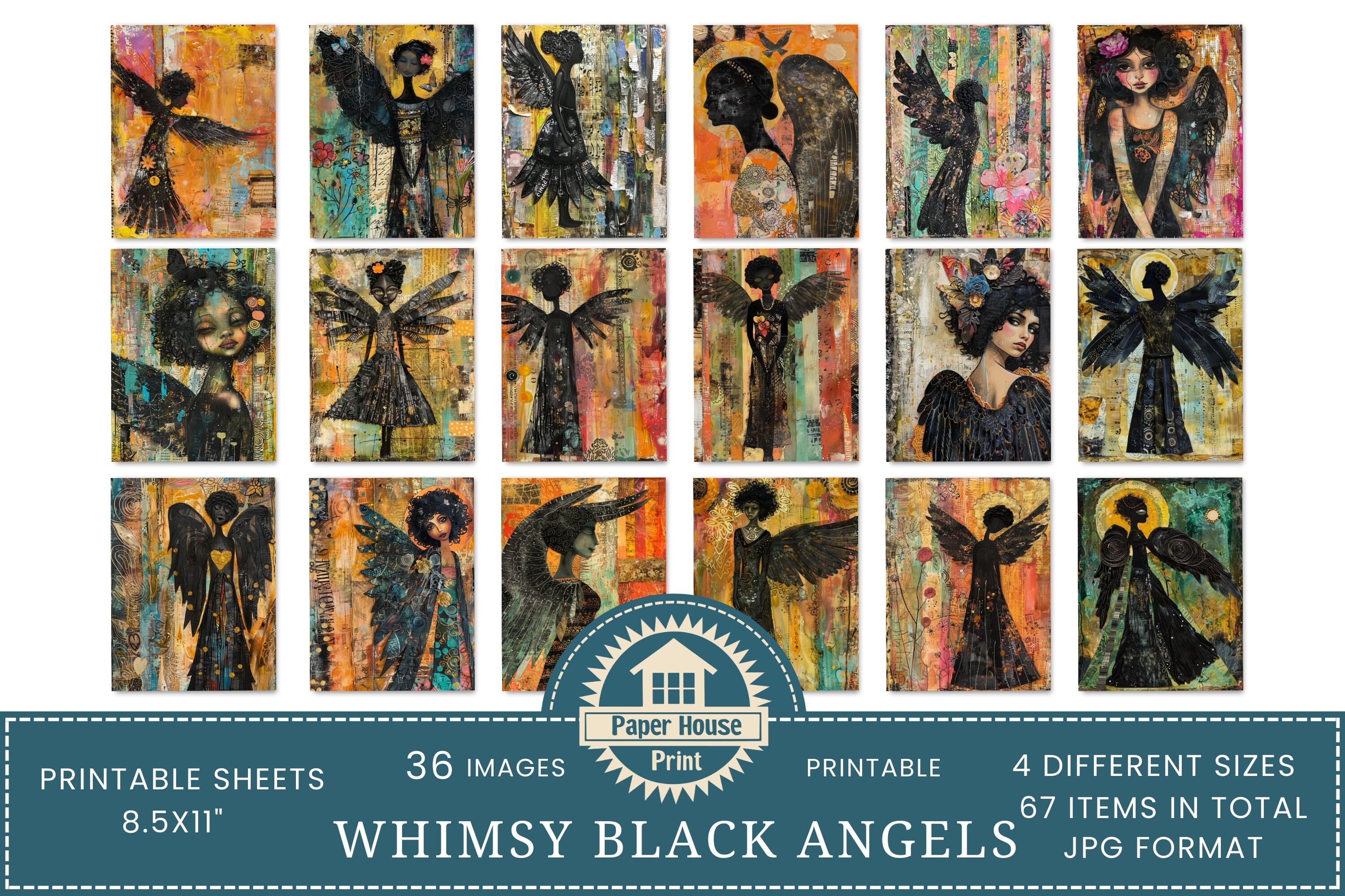 Whimsical Black Angel Collage Paper, Whimsical Gothic Angels, Abstract ...
