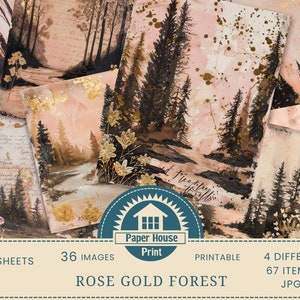 Carta di sfondo foresta oro rosa, 36 immagini di sfondo foresta stravagante, carta digitale giungla, carta stampabile, carta digitale paesaggio immagine 1