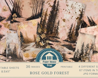 Carta di sfondo foresta oro rosa, 36 immagini di sfondo foresta stravagante, carta digitale giungla, carta stampabile, carta digitale paesaggio
